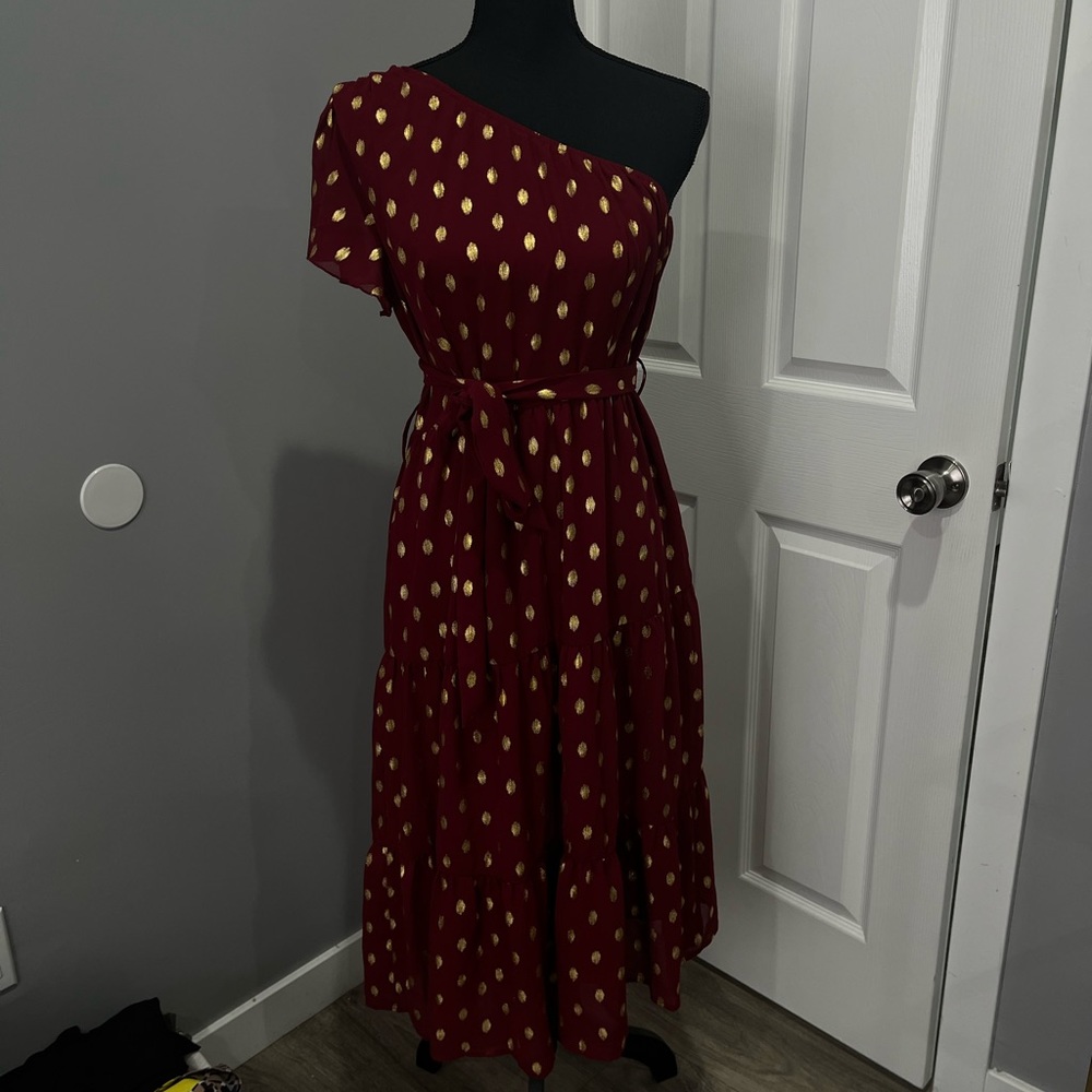 NWT Burgundy and gold one shoulder polka dot dress